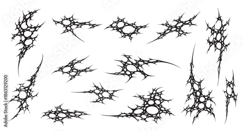 set pack  y2k neo tribal sigilism tatto pack. Flame shape in liquid mercury. skeletal web abstract neo tribal cyber sigil gothic melted modern burn form, design element.