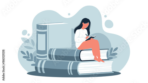 A woman sitting atop large books reading and writing in a notebook
