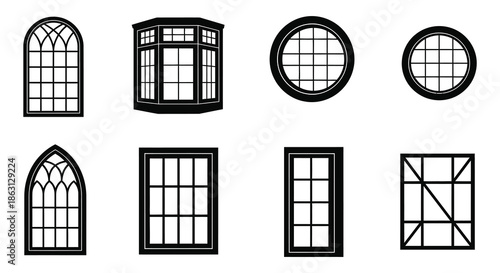 Collection of various black and white window frame designs in a linear arrangement