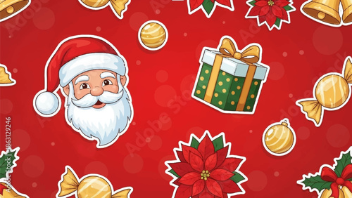 Festive red background with cartoon Santa, gifts, bells, and poinsettias