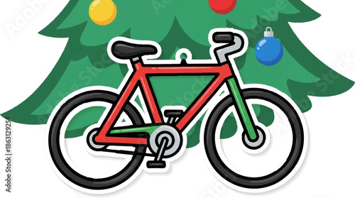 Festive red and green bicycle adorned with Christmas tree and ornaments