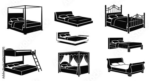 Collection of various bed designs in a black and white silhouette style