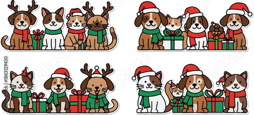 Festive pets adorned in seasonal attire and gifts