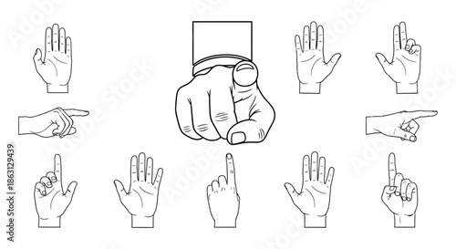 Collection of hand gestures diverse pointing signaling and counting illustrations