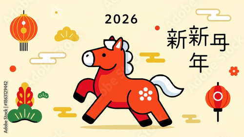 Festive orange horse with white mane and tail, celebrating 2026 Chinese New Year
