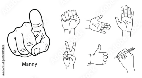 Illustrations of diverse hand gestures and sign language depictions in black and white