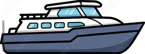 Simple cartoon illustration of a motor yacht with a blue hull and white upper deck, seen from the side