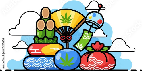 Festive Japanese objects and clouds, featuring cannabis leaf motifs