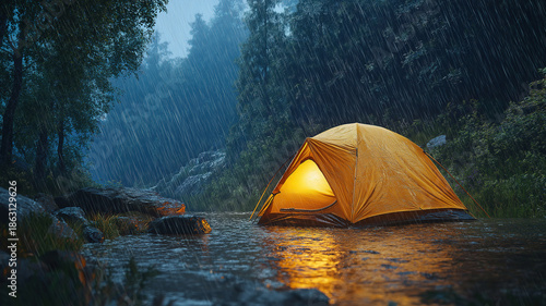 Rain falling gently on a tent in the quiet tropical forest at night for peaceful relaxation