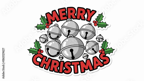 Festive holiday greeting with silver jingle bells and holly