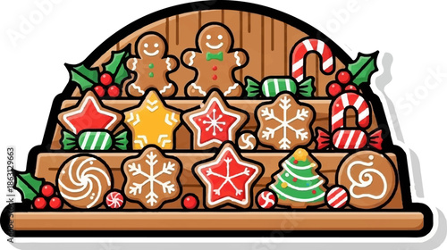 Festive holiday cookies arranged on a tiered wooden display shelf