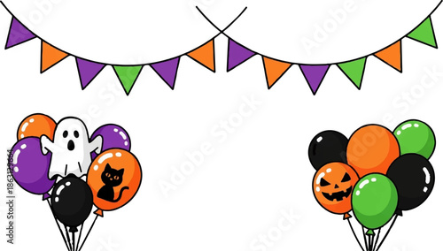 Festive Halloween bunting above two bunches of balloons one with a ghost and black cat, the other with jack-o'-lantern faces