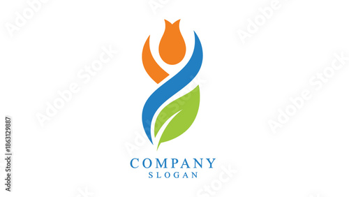 Abstract logo design featuring a stylized tulip and flowing ribbon shape with text