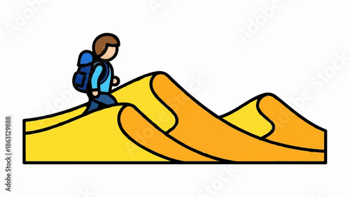 Simple illustration of a person with a backpack walking uphill on yellow and orange sand dunes