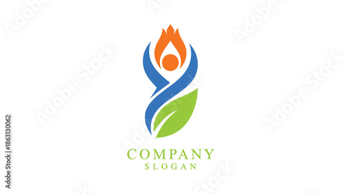 Abstract logo design featuring a person with a flame and leaf elements company branding
