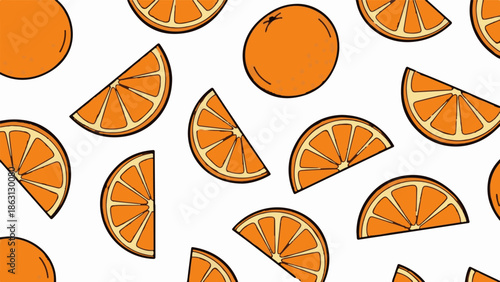 Repeating pattern of whole and sliced oranges in a simple, bright, and fresh illustration
