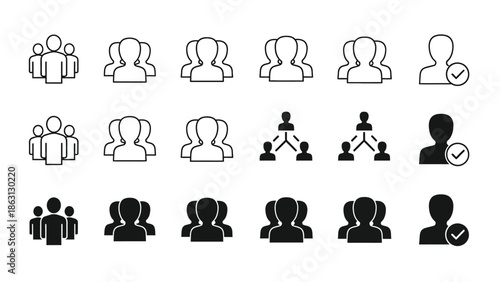 Collection of diverse black and white people icons representing groups individuals and profiles