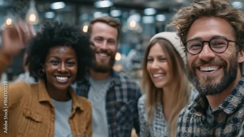 Group of diverse young creative professionals smiling and waving at the camera in a modern coworking office