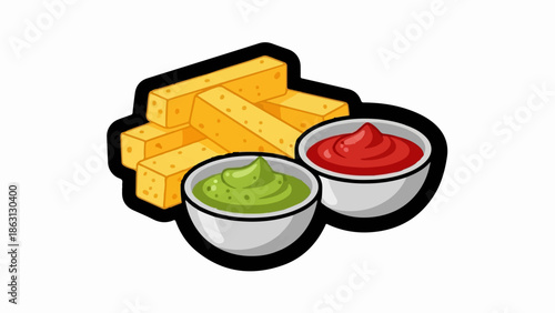 Golden fried potato sticks served with creamy green dip and red sauce