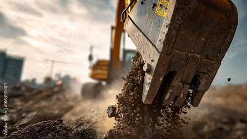 Close up of powerful excavator bucket in action, its massive scoop digging deep into earth and dirt while heavy machinery reshapes construction site for new foundation