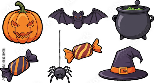 Spooky Halloween icons jack-o'-lantern, bat, cauldron, candy, spider, witch hat