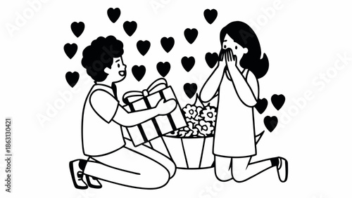 Man proposing to woman with gifts and flowers on one knee surrounded by hearts