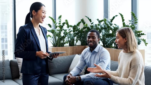 Professional real estate agent presents property details to a young couple during a consultation in a modern living room with large windows and greenery
