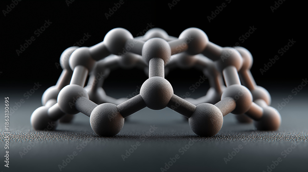Obraz premium Molecular structure model with connected spheres showing chemical bonds, abstract scientific visualization for chemistry and nanotechnology