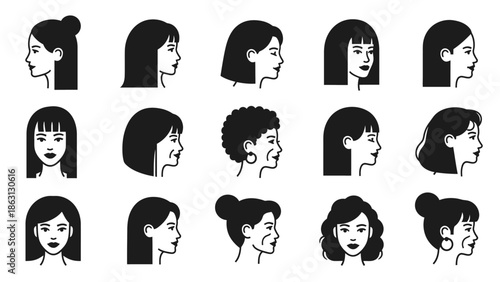 Diverse collection of female faces in various hairstyles and expressions, black and white vector illustration.