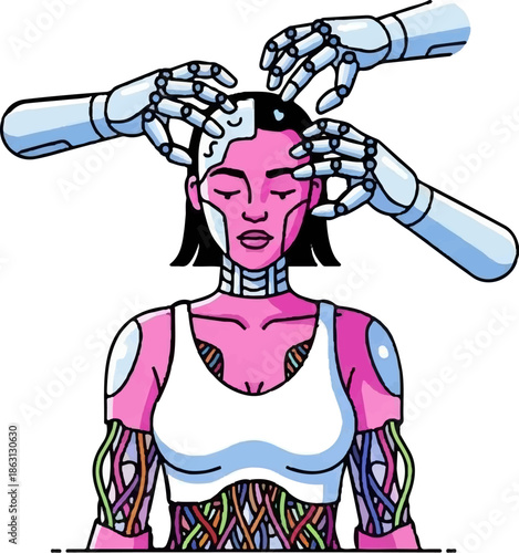 Robot hands manipulate a synthetic being's face and internal wiring, symbolizing control
