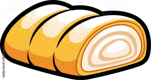 Rolled cake with powdered sugar dusting and creamy swirl filling