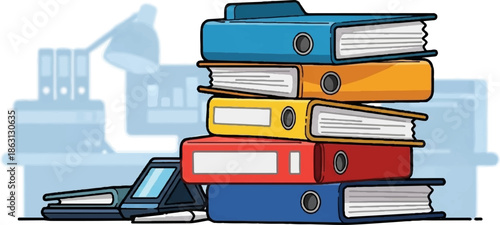 Stack of colorful binders and files on a desk with a lamp