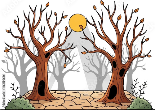 Gnarled, leafless trees stand on cracked ground under a full moon's eerie glow