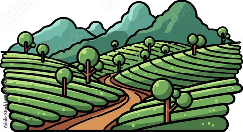 Rolling green hills with terraced fields and scattered trees under a misty mountain backdrop