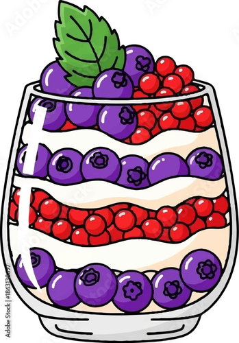 Layers of creamy dessert with vibrant blueberries and red berries, topped with a green leaf