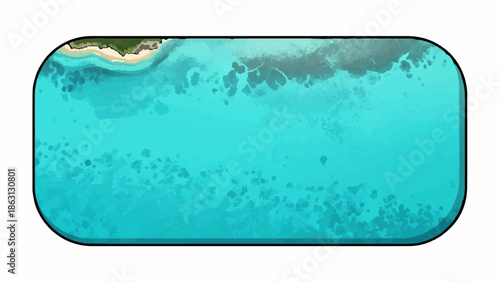 Rounded aerial view of a vibrant tropical island with sandy beach and turquoise ocean, showing reefs