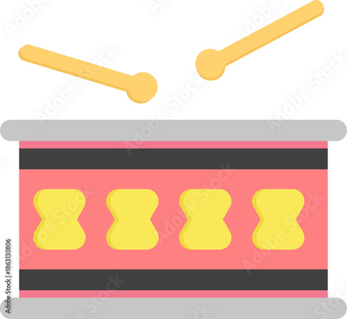Colorful cartoon drum set with striking drumsticks offers playful musical illustration for children's content.