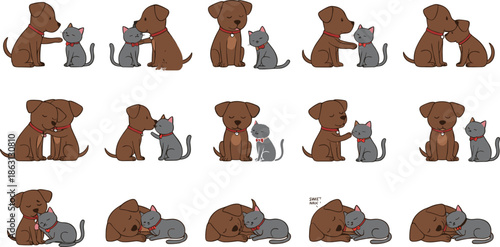 Cute Dog and Cat Friendship Illustration Set Showing Hugging, Sitting, and Sleeping Pet Companions with Adorable Emotional Poses for Animal Lover Designs
