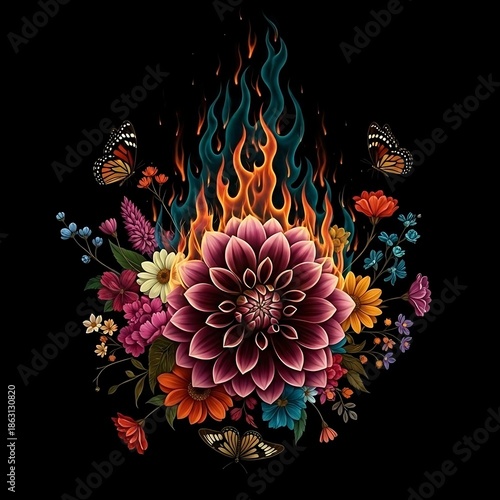 Vibrant Flowers and Butterflies with Fiery Embers.