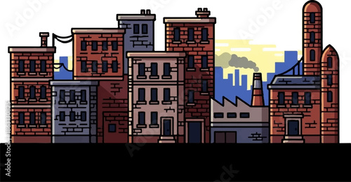 Row of cartoonish, brick buildings with a factory and smokestack