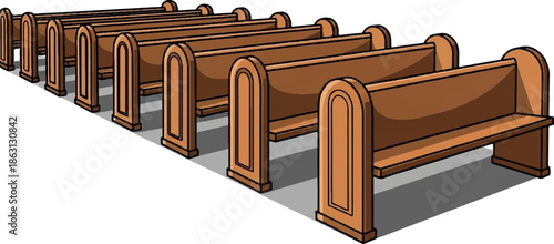 Rows of empty wooden pews in a place of worship