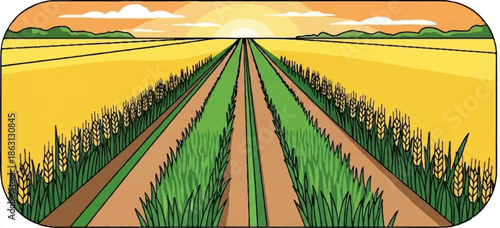 Rows of golden wheat and green grass extend toward a bright, setting sun