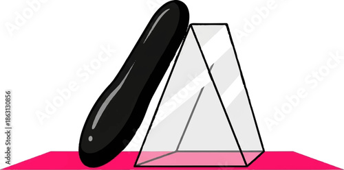 Glossy black cylinder leans against translucent triangular prism on a vibrant pink base