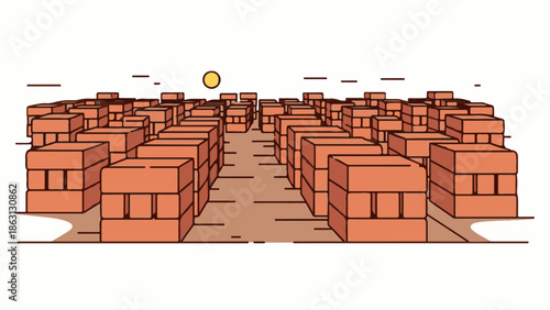 Rows of orange bricks form a maze-like pattern under a yellow sun