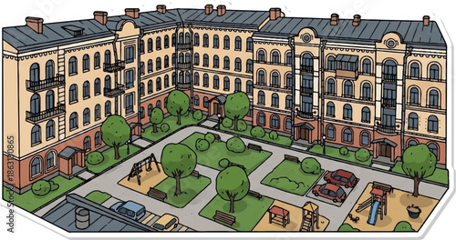 L-shaped apartment complex illustration. Courtyard has green areas, trees, playgrounds, benches, and parked cars