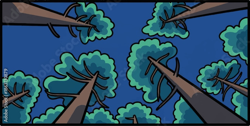 Low angle view of tall trees reaching towards a dark blue sky