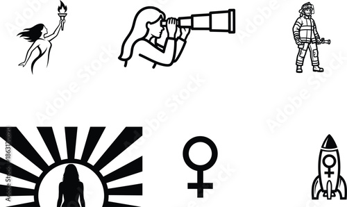 Black and white line art illustrations of empowered women in various professions and symbols