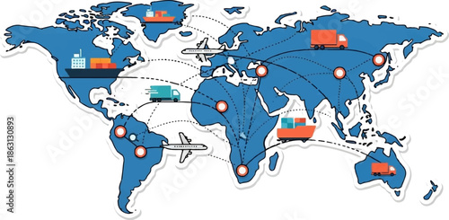 Global transportation network connecting continents via air, sea, and land routes