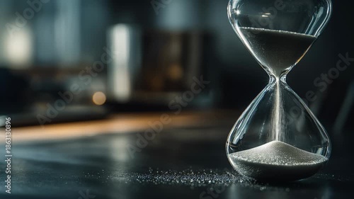 Dramatic close up of glass hourglass on dark desk, flowing sand measures passage of time powerful countdown creating urgency toward looming deadline