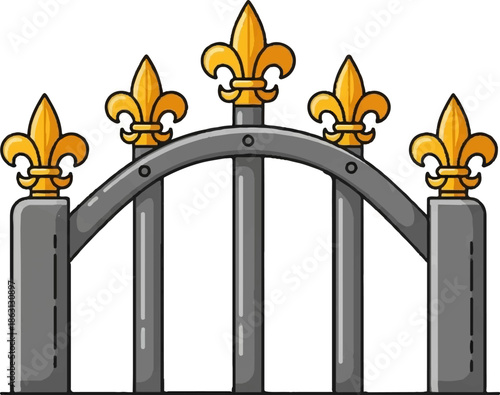 Ornate gray gate with gold fleur-de-lis tops on pillars and bars